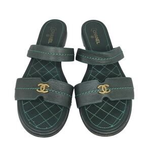 CHANEL Sandals Womens 38.5 8.5 Calfskin Green Gold Slides Leather Strappy